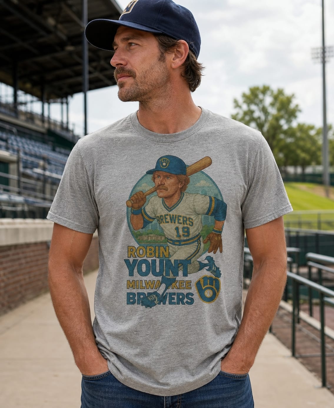 Milwaukee Brewers Robin Yount Exclusive Retro Baseball Skyline 1982 Artwork T-Shirt