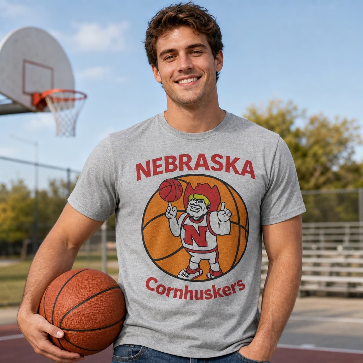 Nebraska Cornhuskers Retro Mascot Basketball T-Shirt