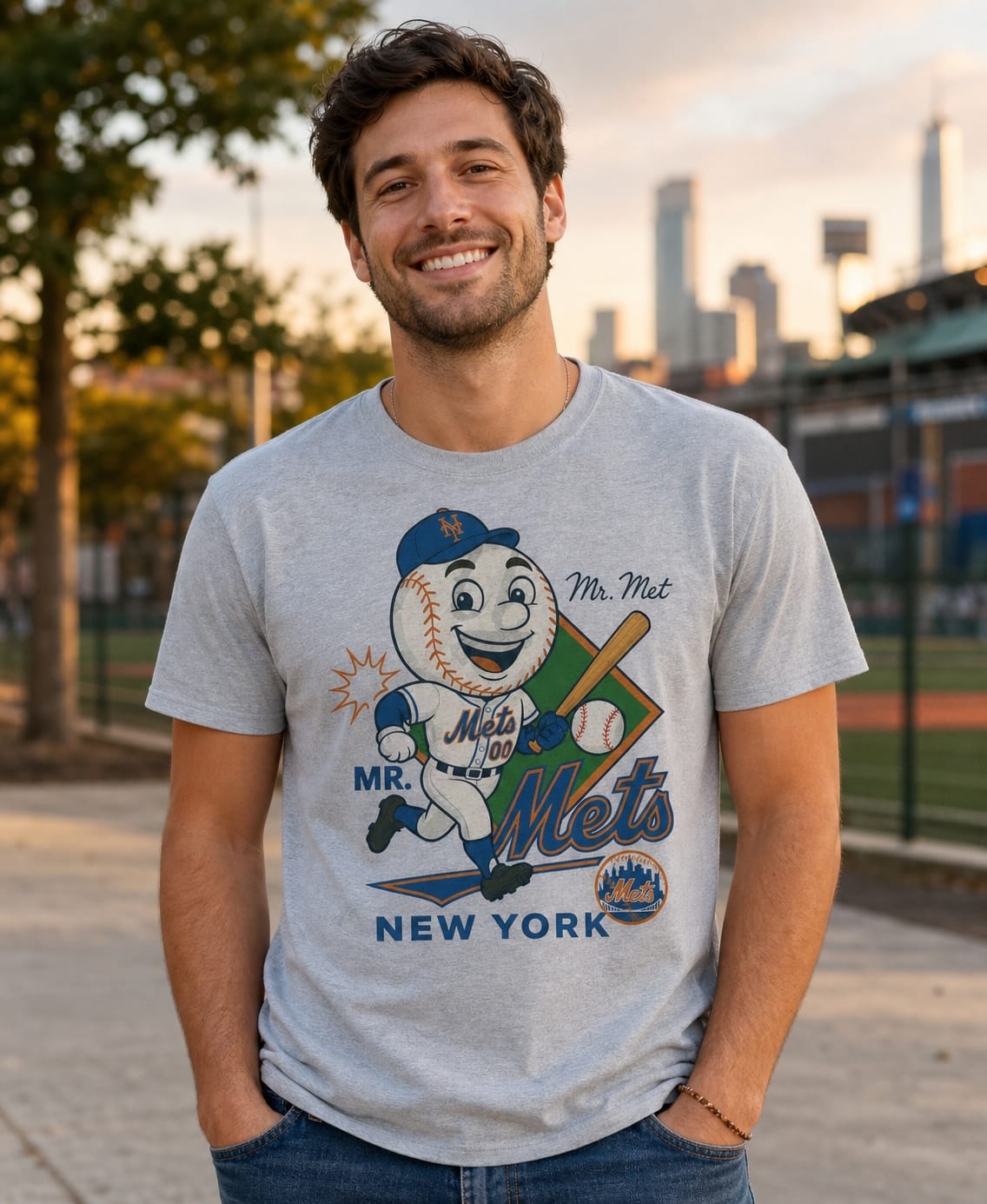 New York Mets Mr. Met Exclusive Retro Baseball Caricature Artwork T-Shirt