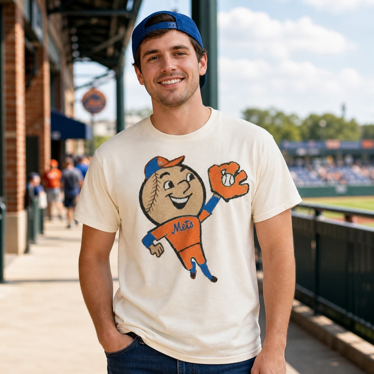 New York Mets Retro Mr. Met Baseball Card Game Artwork T-Shirt