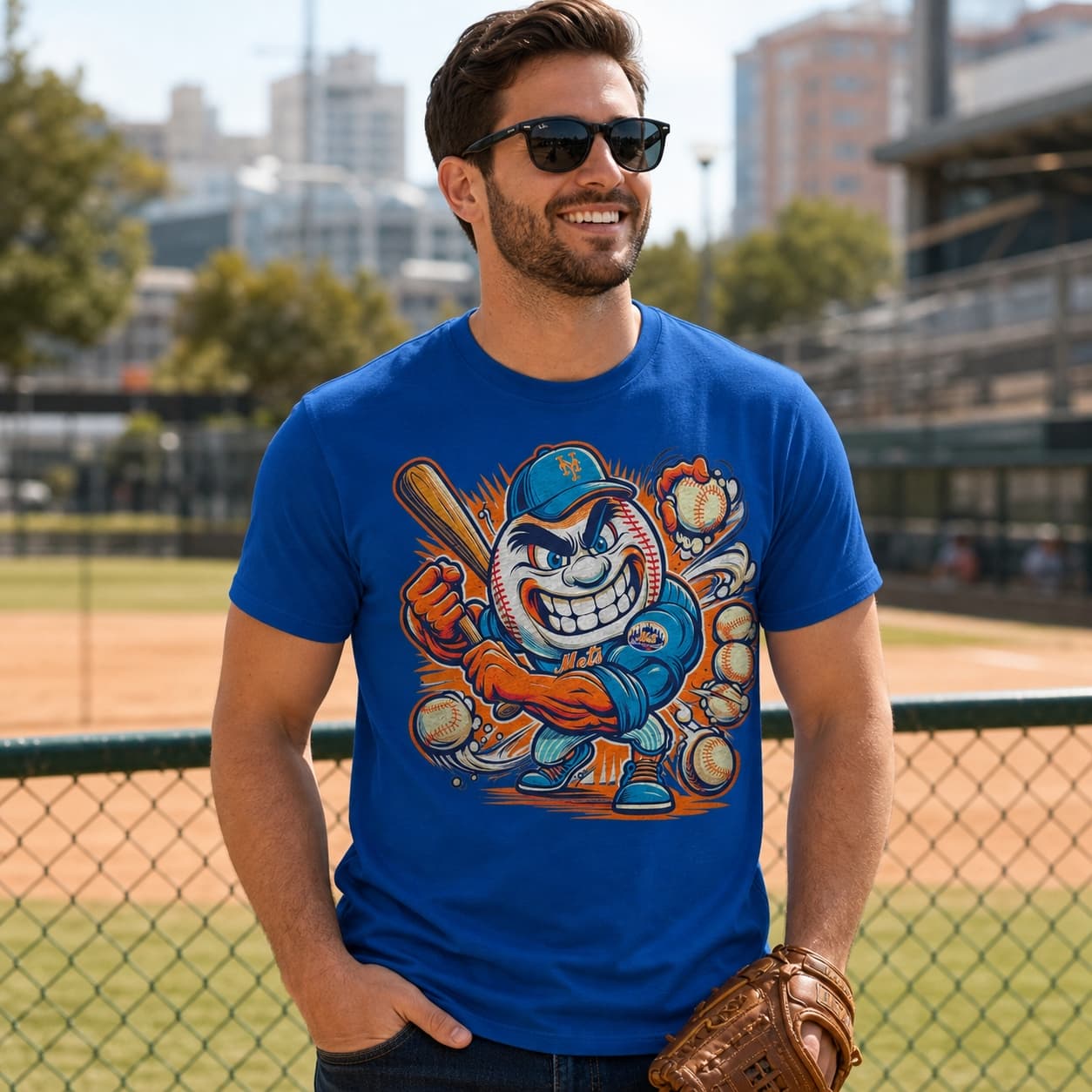 New York Mets Retro Mr. Met Baseball Hitting Mascot Artwork Shirt