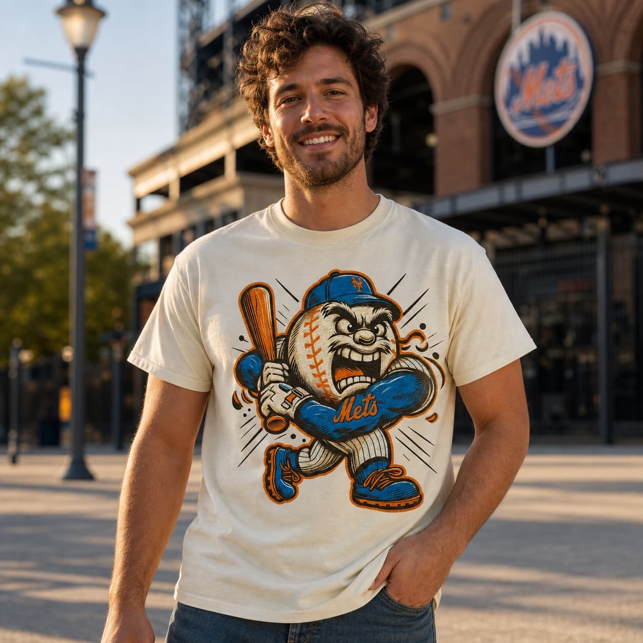 New York Mets Retro Mr. Met Baseball Swinging Mascot Artwork Shirt