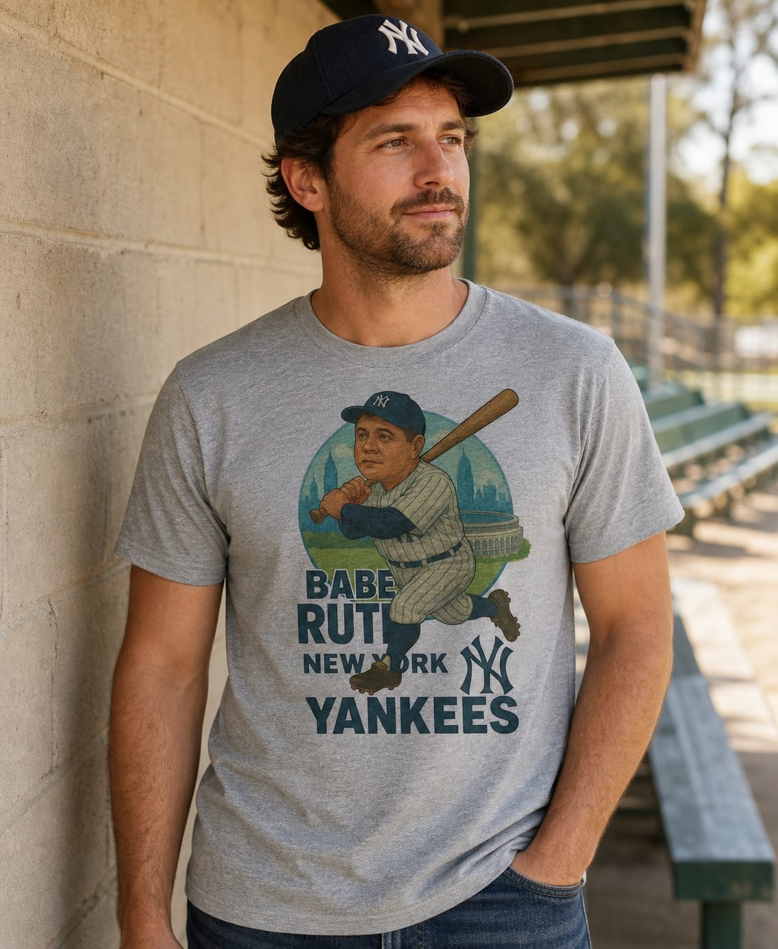 New York Yankees Babe Ruth Exclusive Retro Baseball Skyline 1927 Artwork T-Shirt