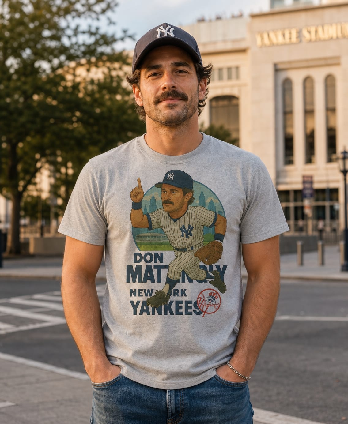 New York Yankees Don Mattingly Exclusive Retro Baseball Skyline 1984 Artwork T-Shirt