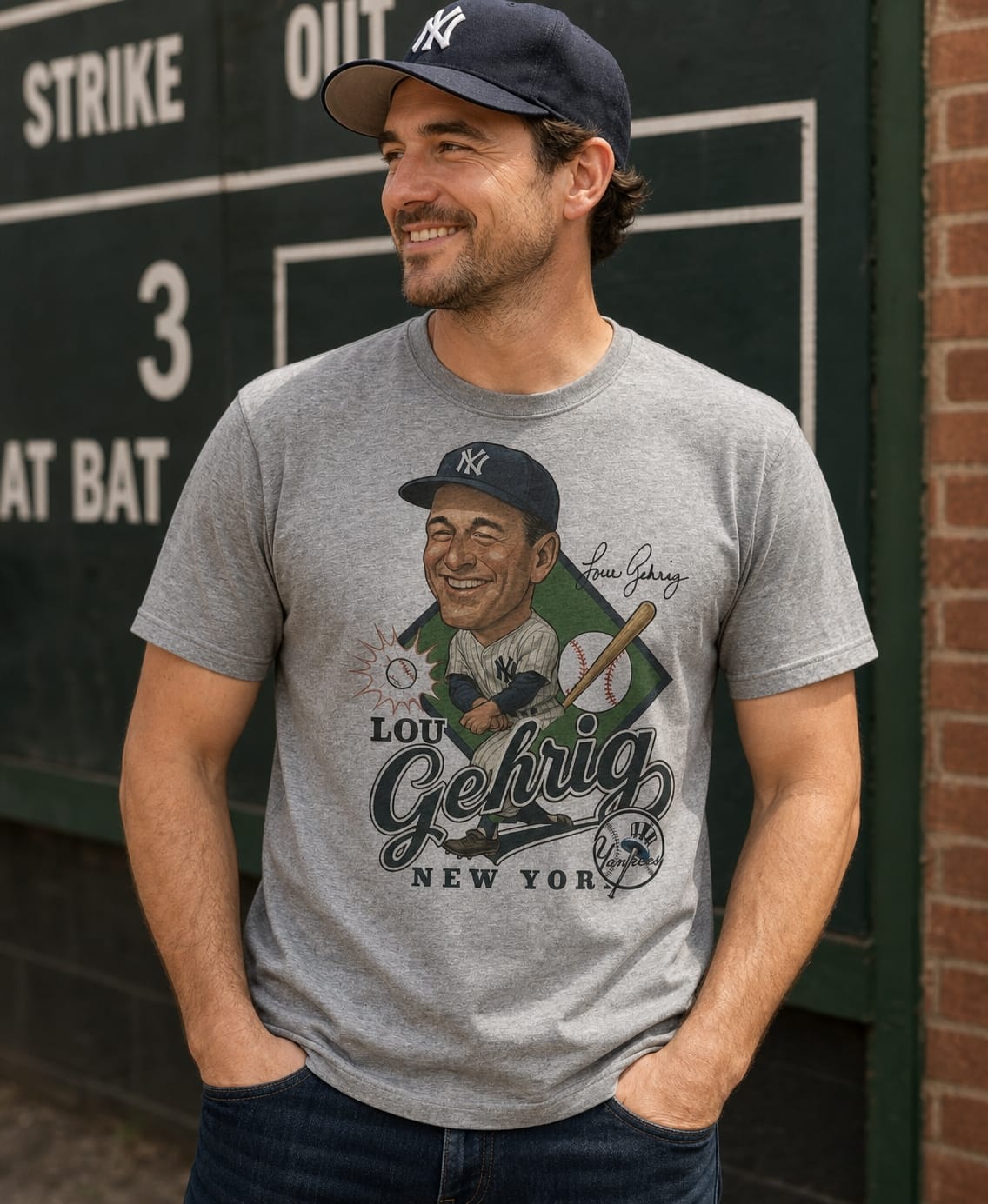 New York Yankees Lou Gehrig Exclusive Retro Baseball 1936 Artwork T-Shirt