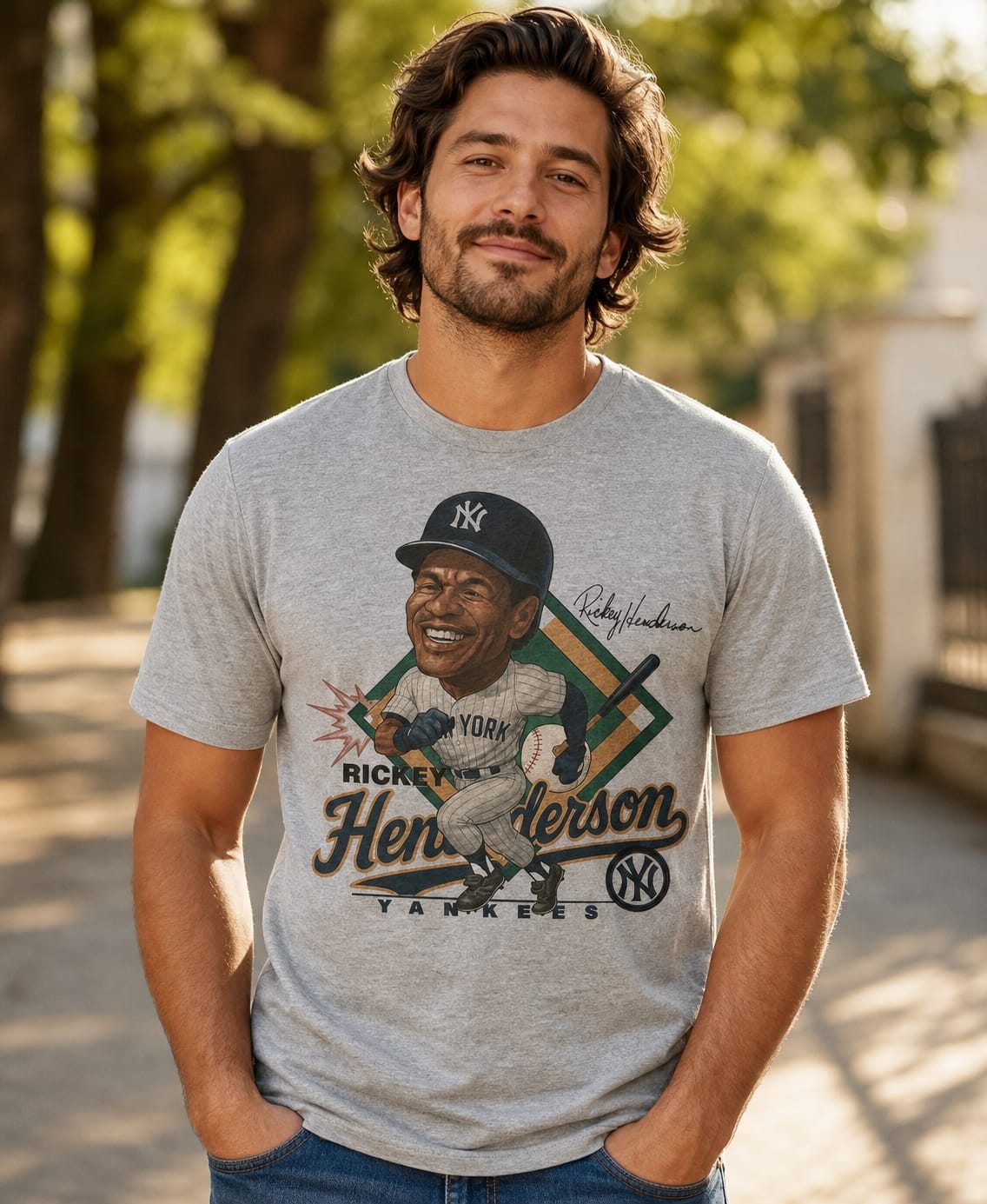 New York Yankees Rickey Henderson Exclusive Retro Baseball Caricature 1985 Artwork T-Shirt