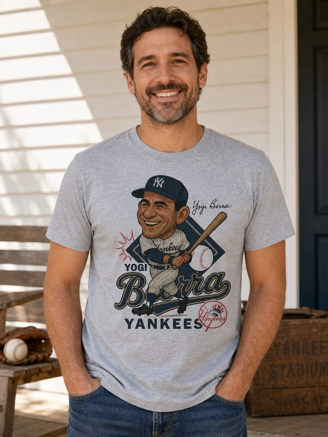 New York Yankees Yogi Berra Exclusive Retro Baseball Caricature 1955 Artwork T-Shirt