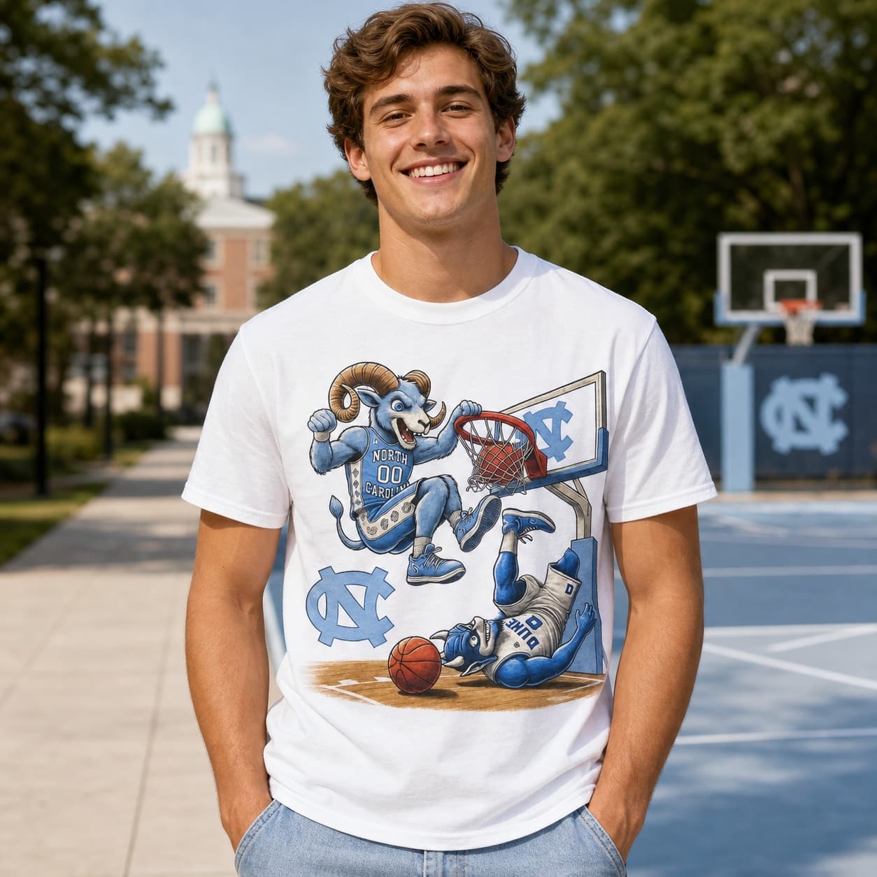 North Carolina Tar Heels vs. Duke Blue Devils Exclusive Retro Rivalries Basketball Dunk Shirt