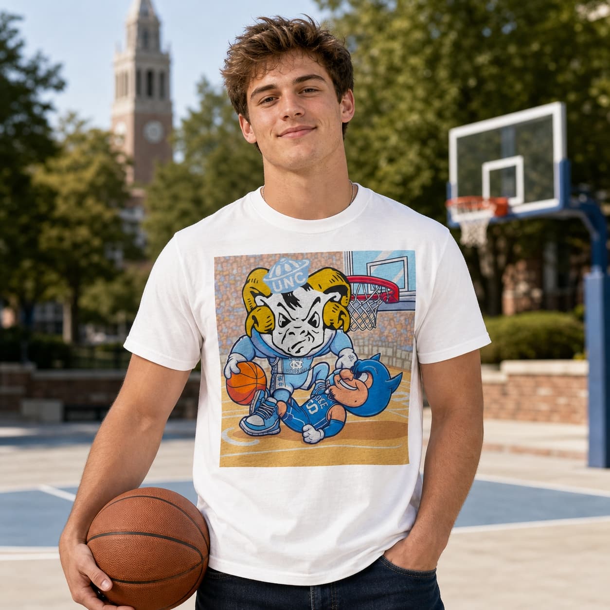 North Carolina Tar Heels vs. Duke Blue Devils Retro Rivalry Basketball Mascot Shirt