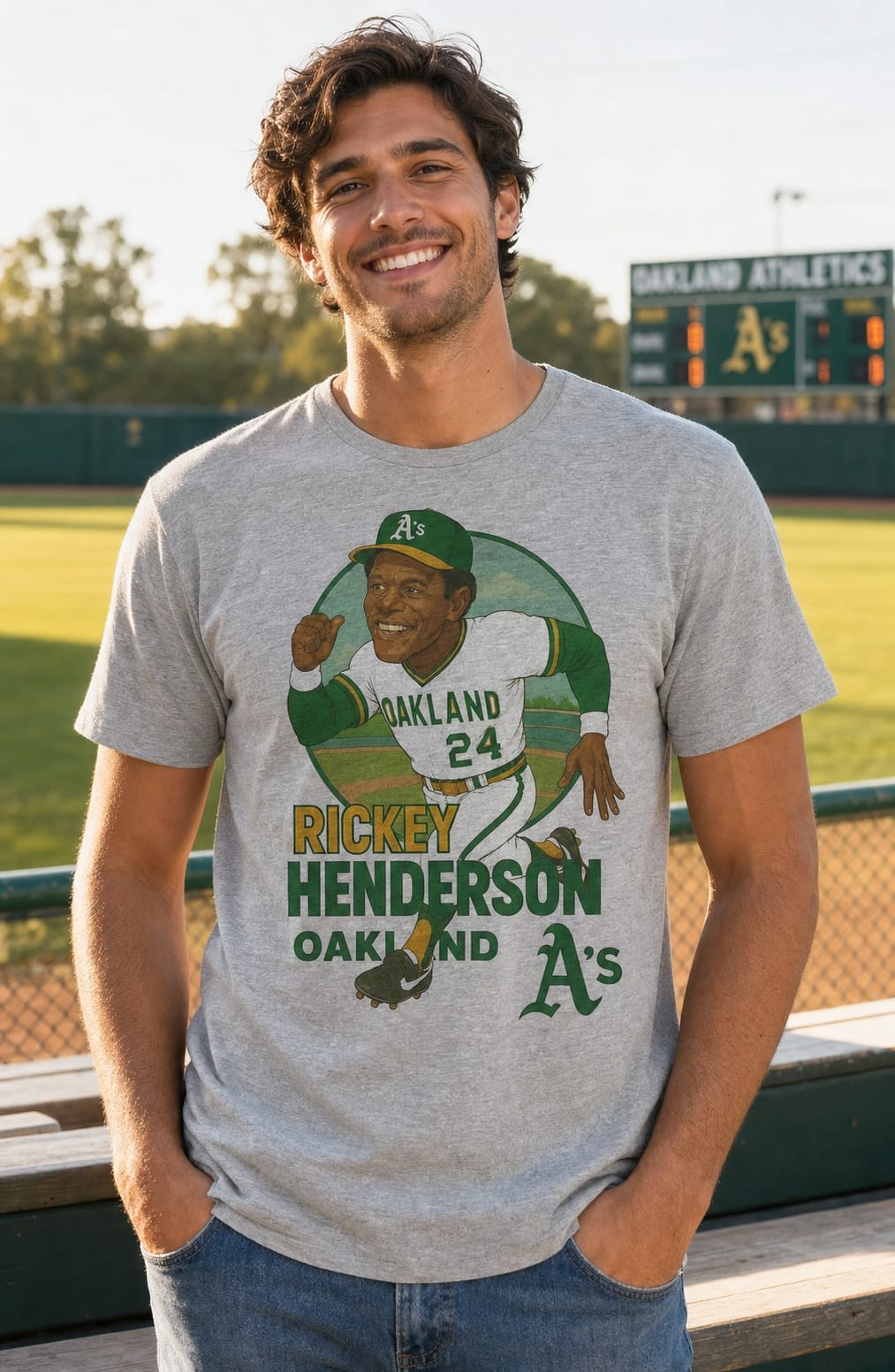 Oakland Athletics Rickey Henderson Exclusive Retro Baseball Skyline 1980 Artwork T-Shirt