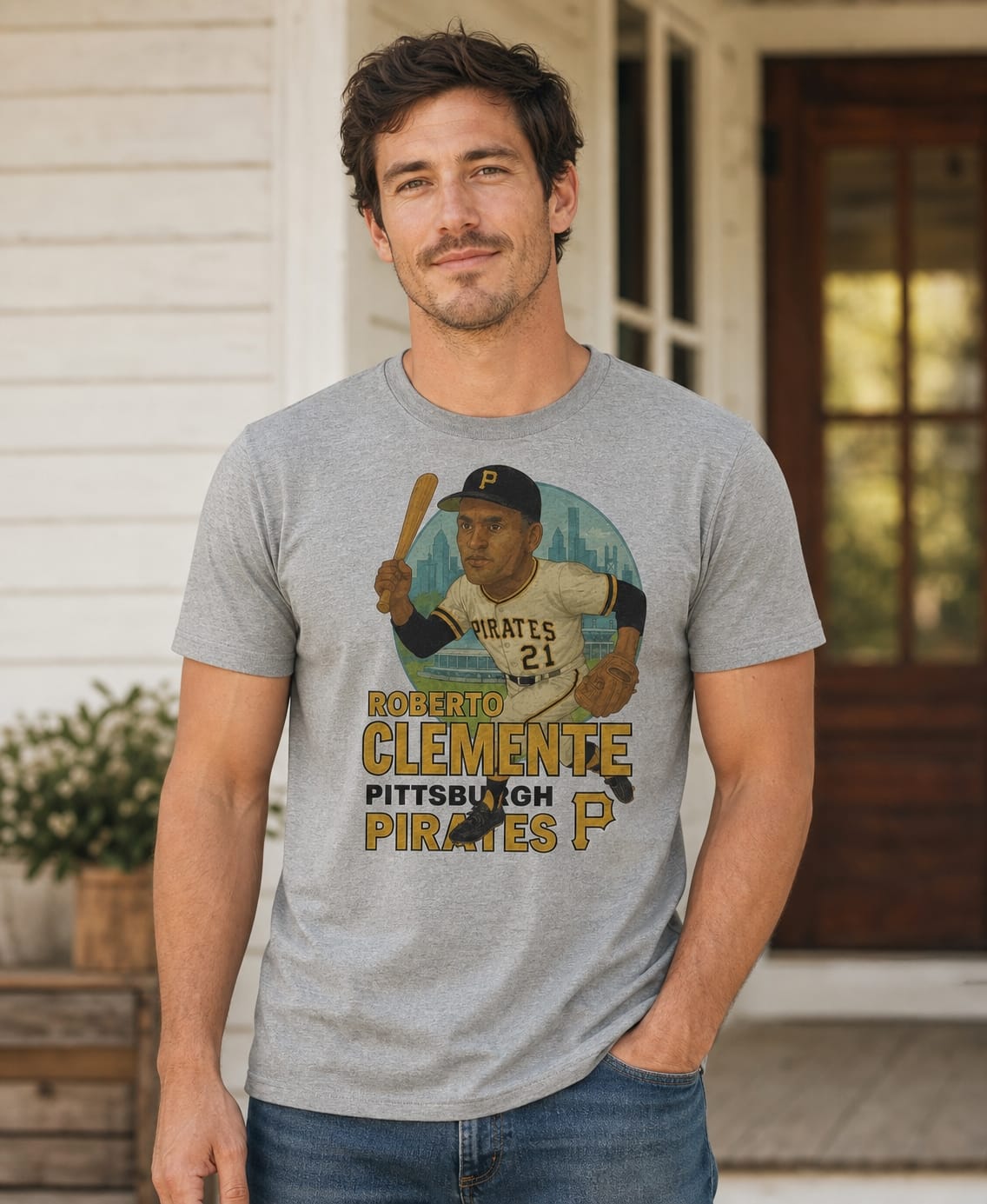 Pittsburgh Pirates Roberto Clemente Exclusive Retro Baseball Skyline 1964 Artwork T-Shirt