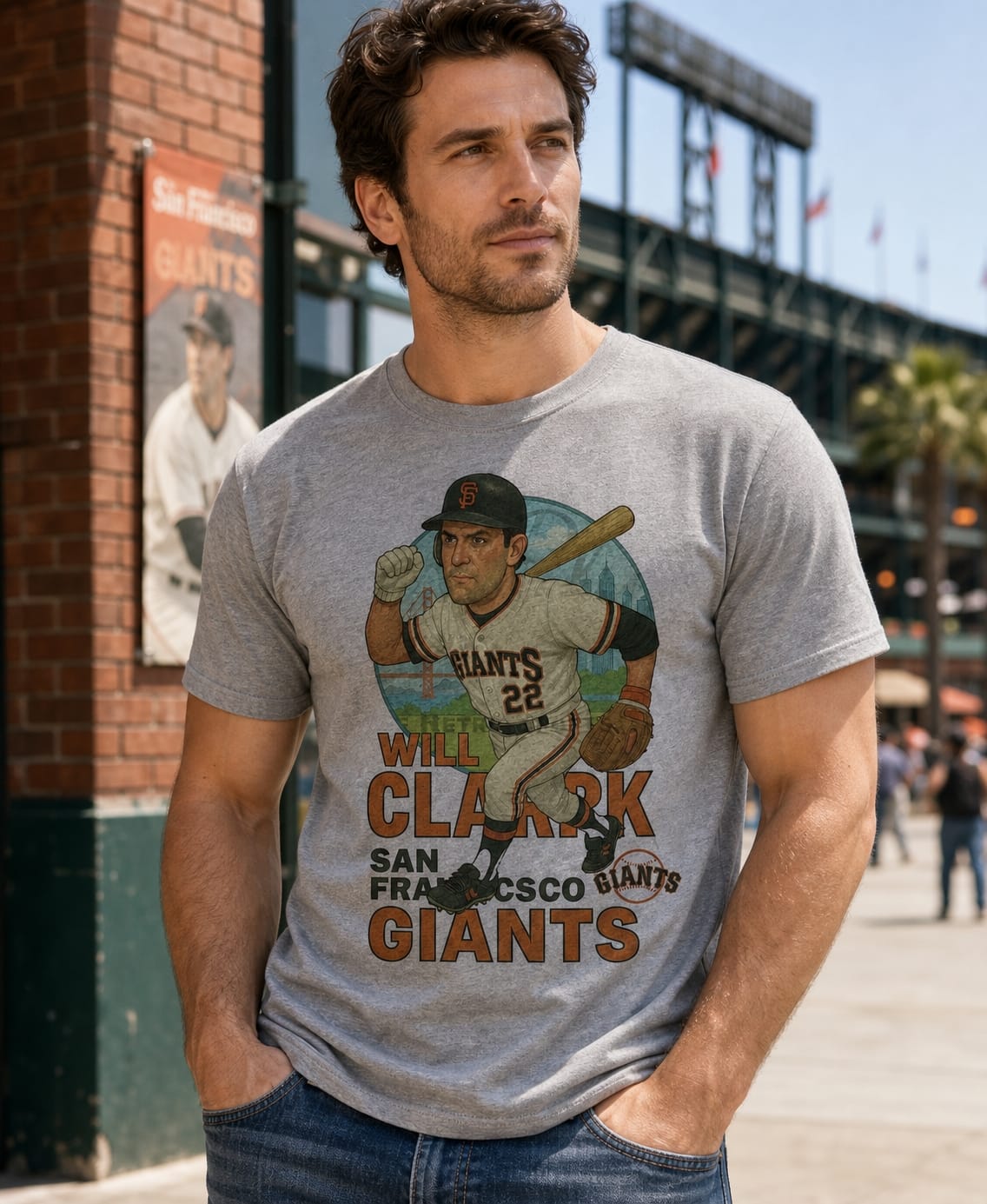 San Francisco Giants Will Clark Exclusive Retro Baseball Skyline 1985 Artwork T-Shirt