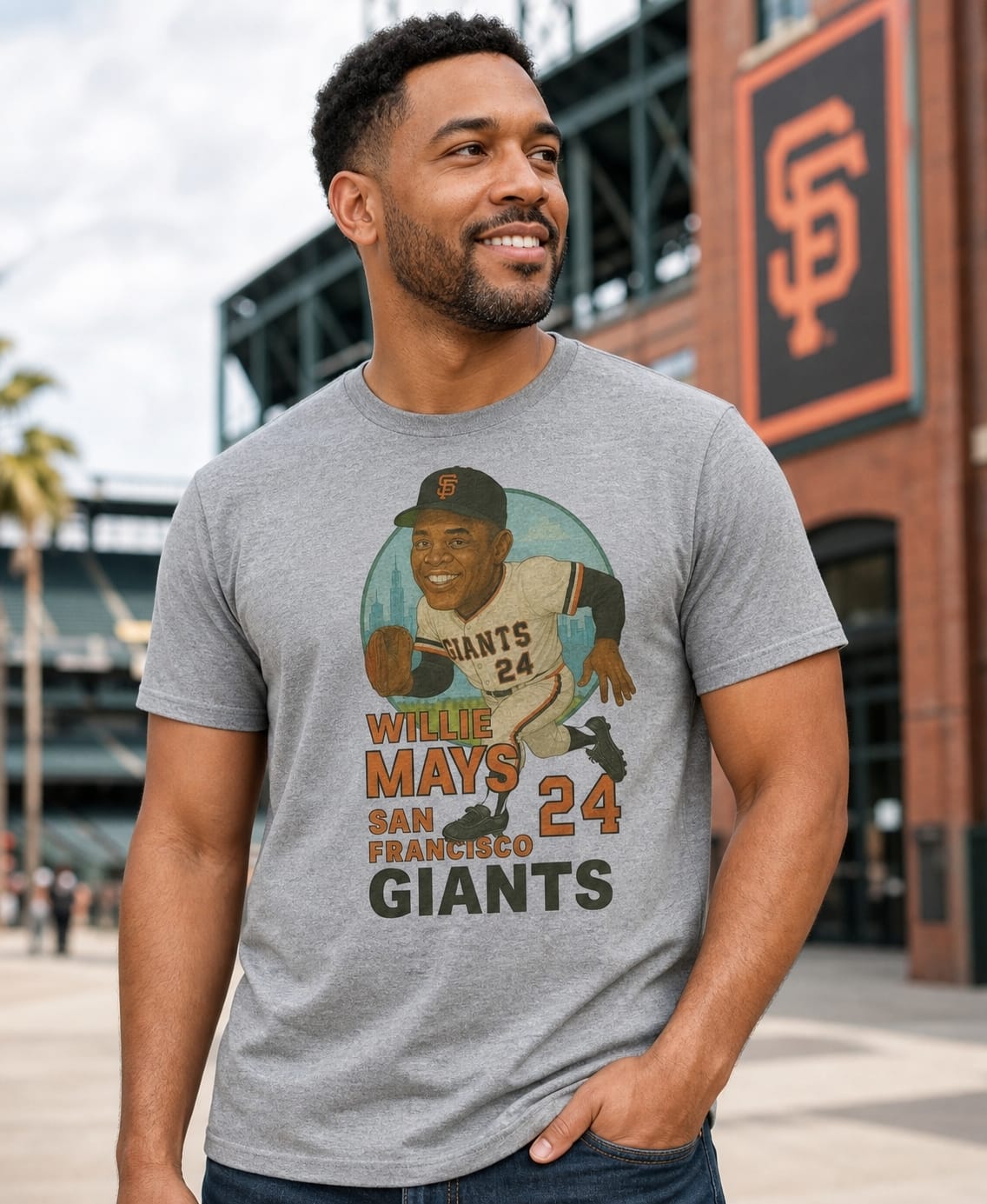 San Francisco Giants Willie Mays Exclusive Retro Baseball Skyline 1965 Artwork T-Shirt