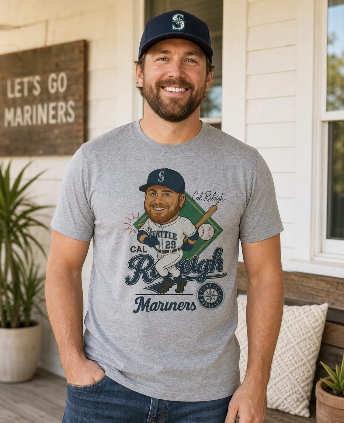Seattle Mariners Cal Raleigh Retro Baseball Artwork T-Shirt