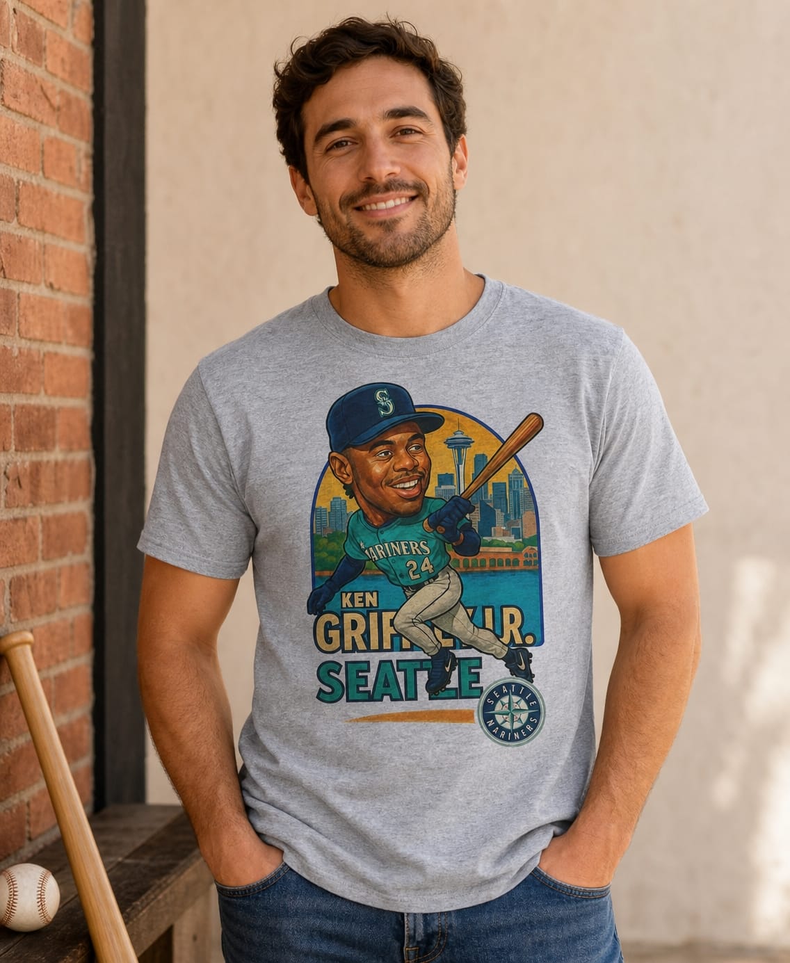 Seattle Mariners Ken Griffey Jr. Exclusive Retro Baseball City Artwork T-Shirt