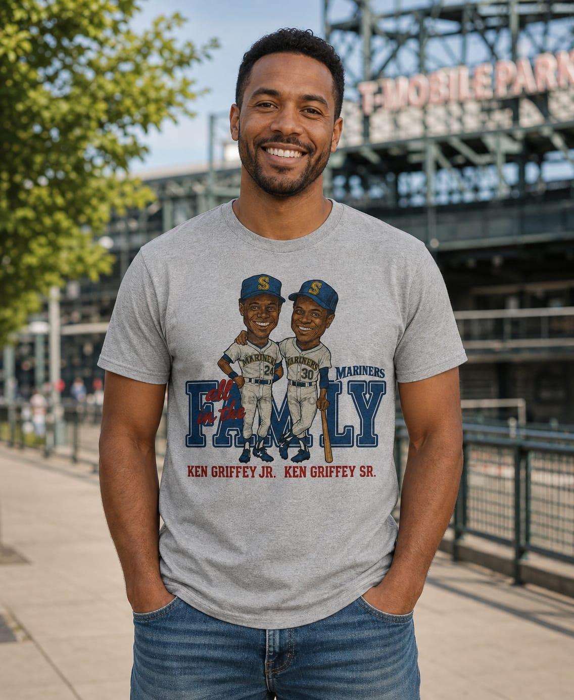 Seattle Mariners Ken Griffey Jr. & Sr. Family Retro Baseball Artwork T-Shirt