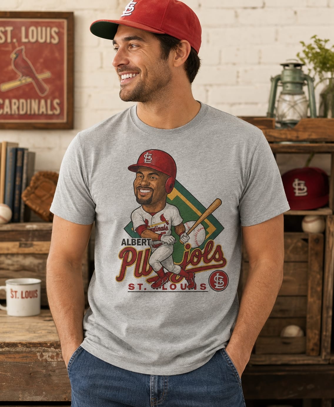 St. Louis Cardinals Albert Pujols Exclusive Retro Baseball 2005 Artwork T-Shirt