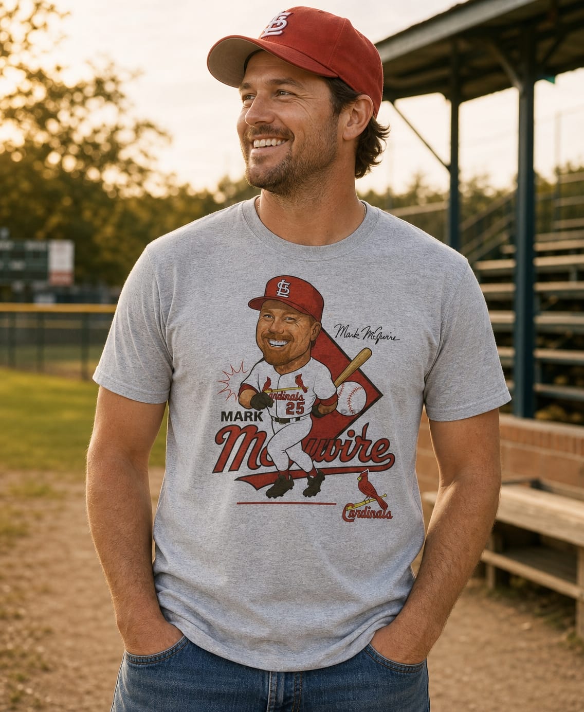 St. Louis Cardinals Mark McGwire Exclusive Retro Baseball Caricature 1998 Artwork T-Shirt