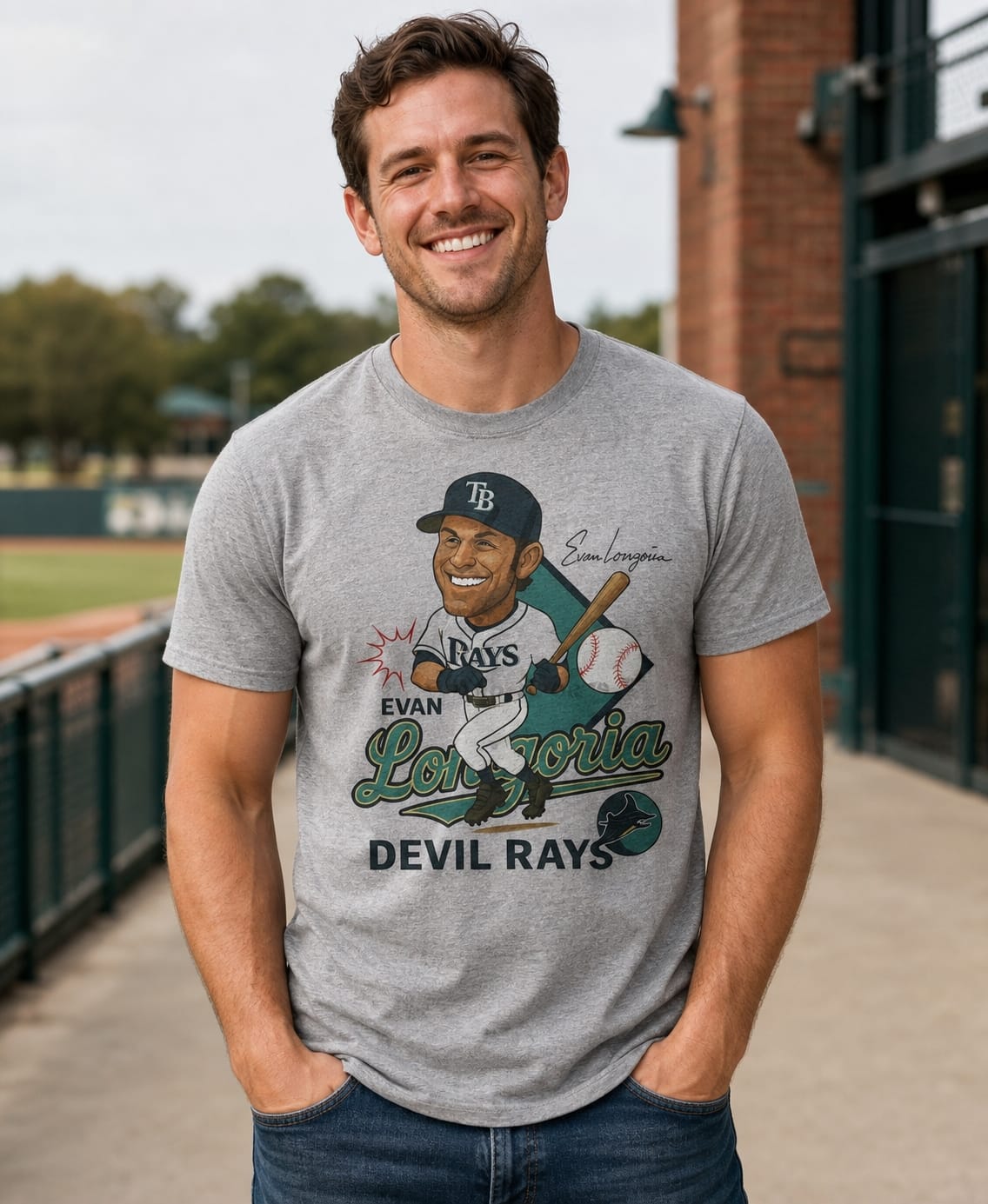Tampa Bay Devil Rays Evan Longoria Exclusive Retro Baseball Caricature Artwork T-Shirt