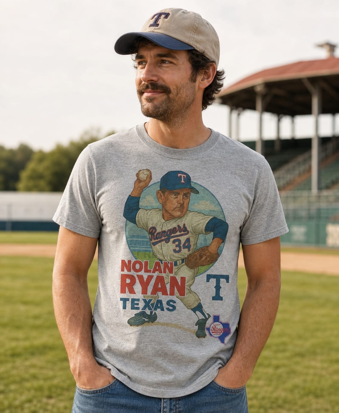 Texas Rangers Nolan Ryan Exclusive Retro Baseball Skyline 1989 Artwork T-Shirt