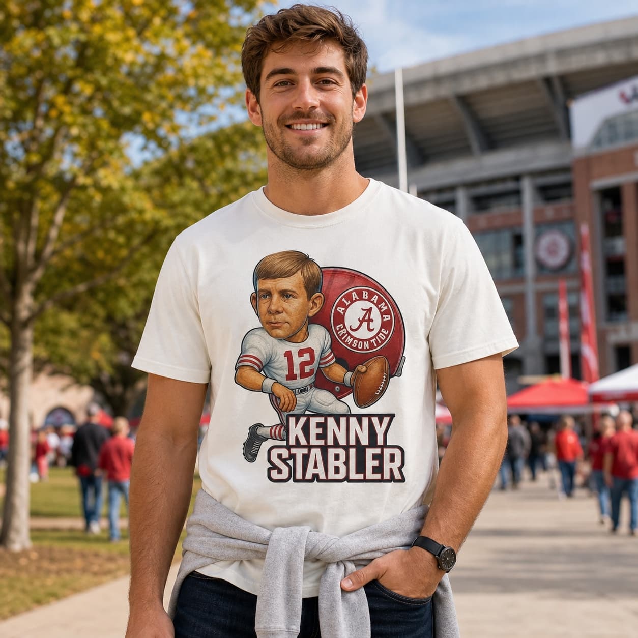 Alabama Crimson Tide QB Kenny Stabler Retro Football Artwork T-Shirt