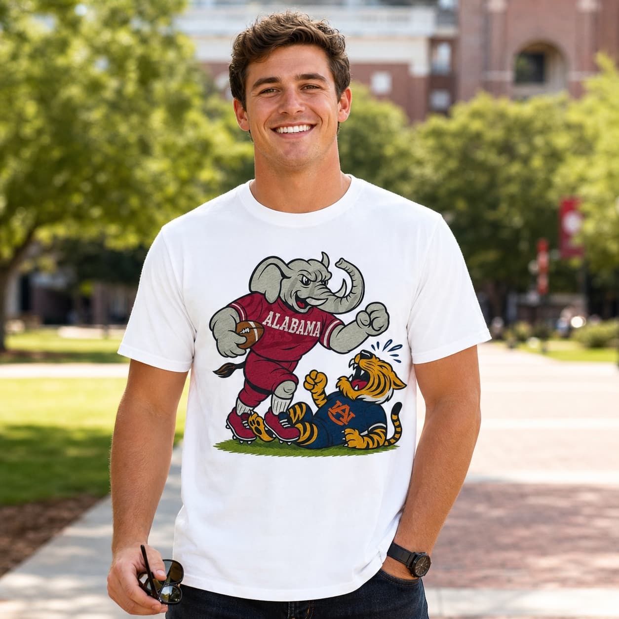 Alabama Crimson Tide vs. Auburn Tigers Iron Bowl Exclusive Retro Rivals Football Artwork T-Shirt