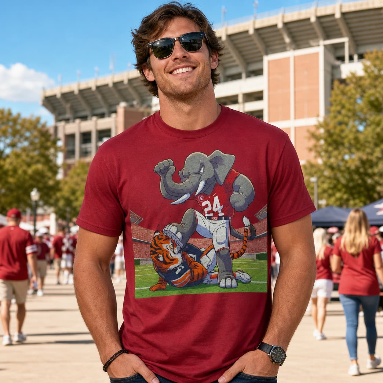 Alabama Crimson Tide vs. Auburn Tigers Retro Rivalry Football Mascot Artwork T-Shirt