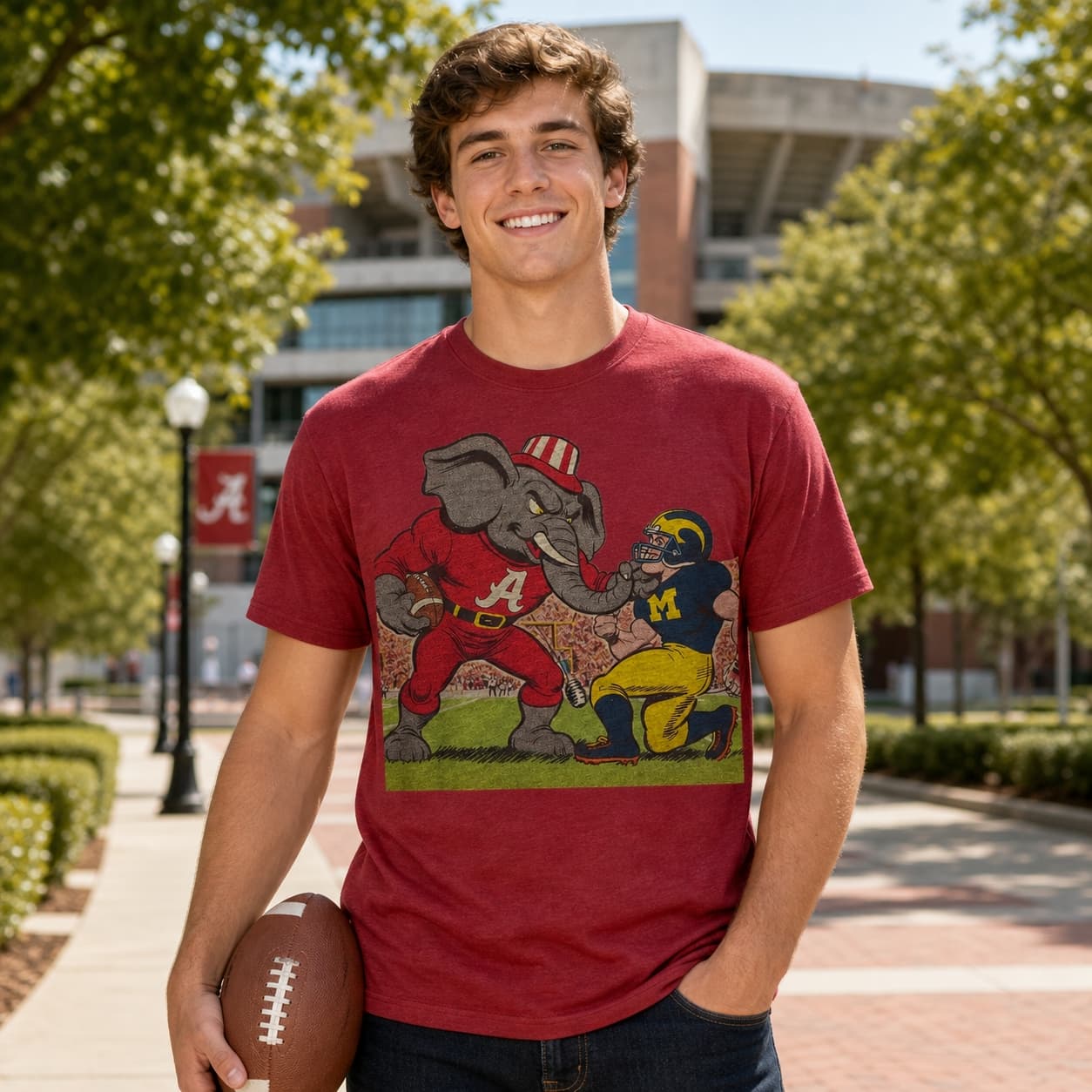 Alabama Crimson Tide vs. Michigan Wolverines Retro Rivalry Football Mascot 1954 Artwork T-Shirt