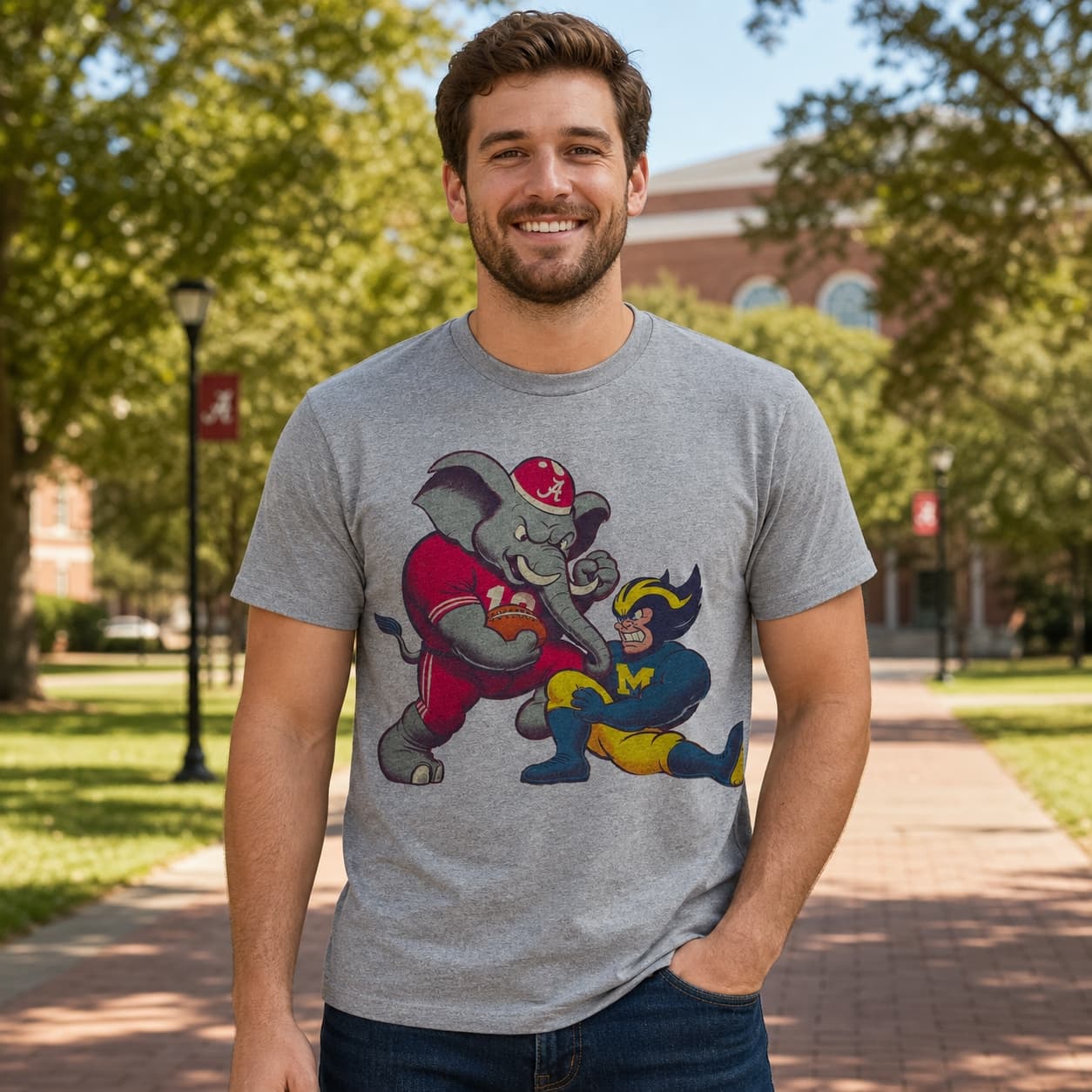 Alabama Crimson Tide vs. Michigan Wolverines Retro Rivalry Football Mascot Artwork T-Shirt