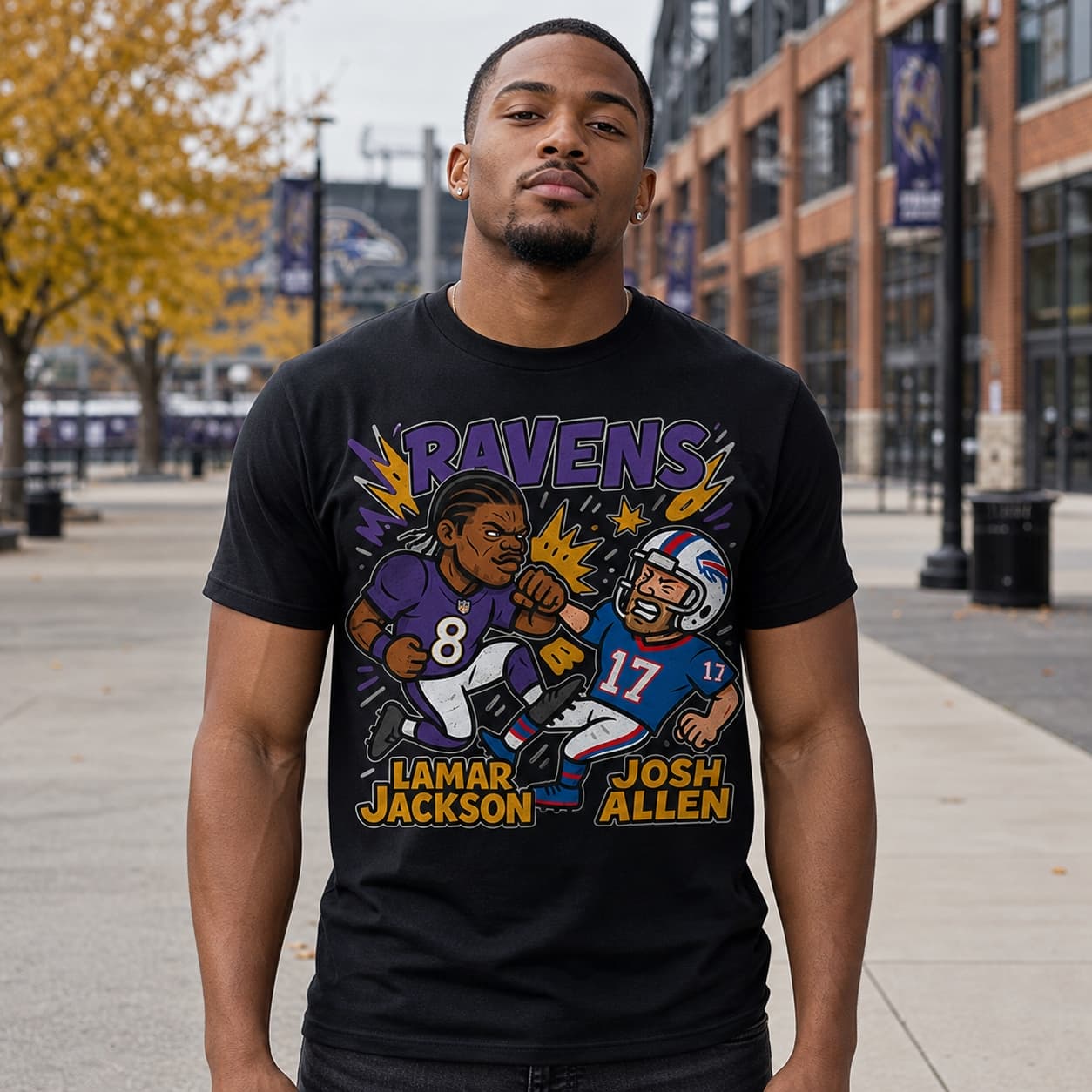 Baltimore Ravens Lamar Jackson vs. Buffalo Bills Josh Allen Exclusive Retro Rivals Football Artwork Shirt