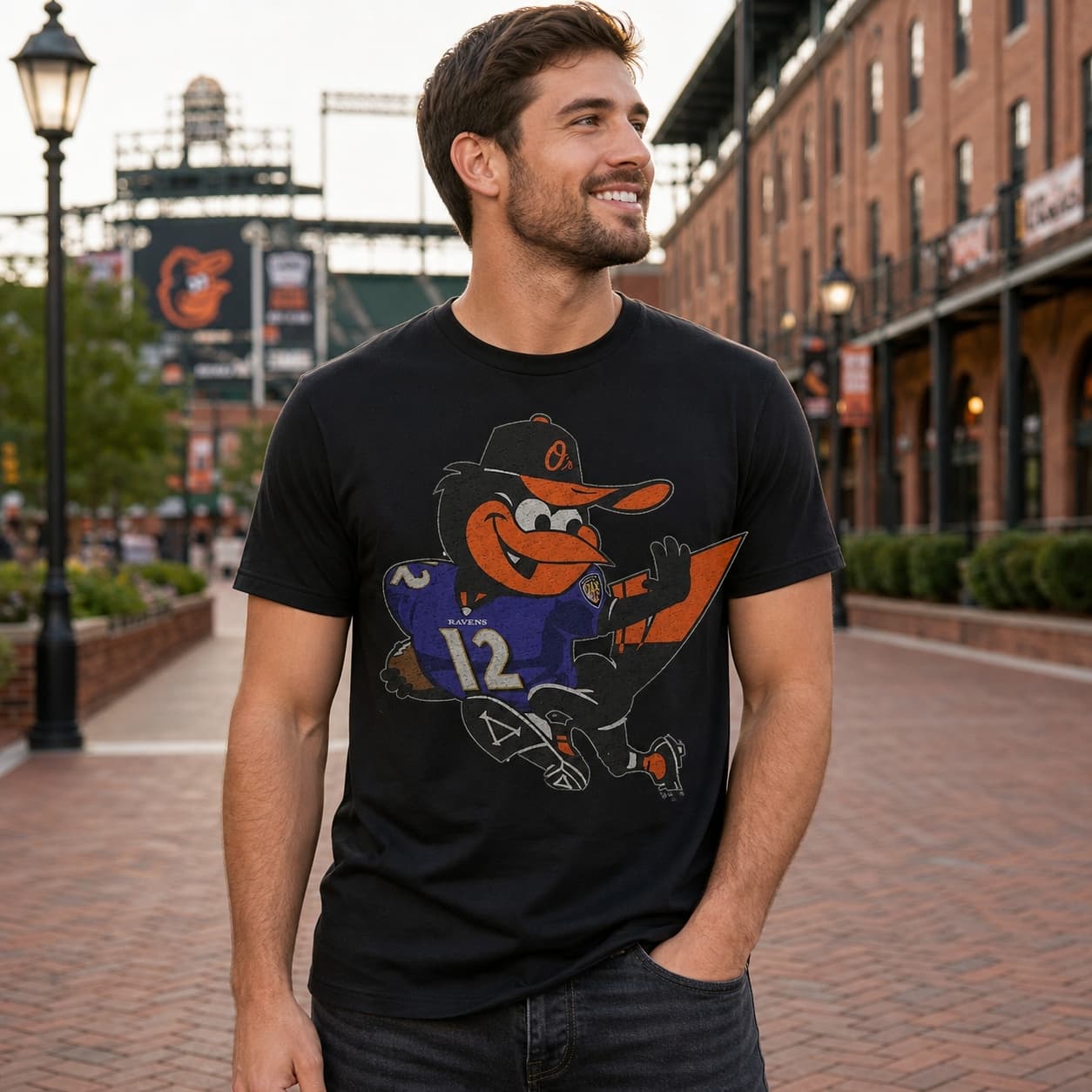 Baltimore Ravens Orioles Retro Football Baseball Mascot Artwork Heather T-Shirt