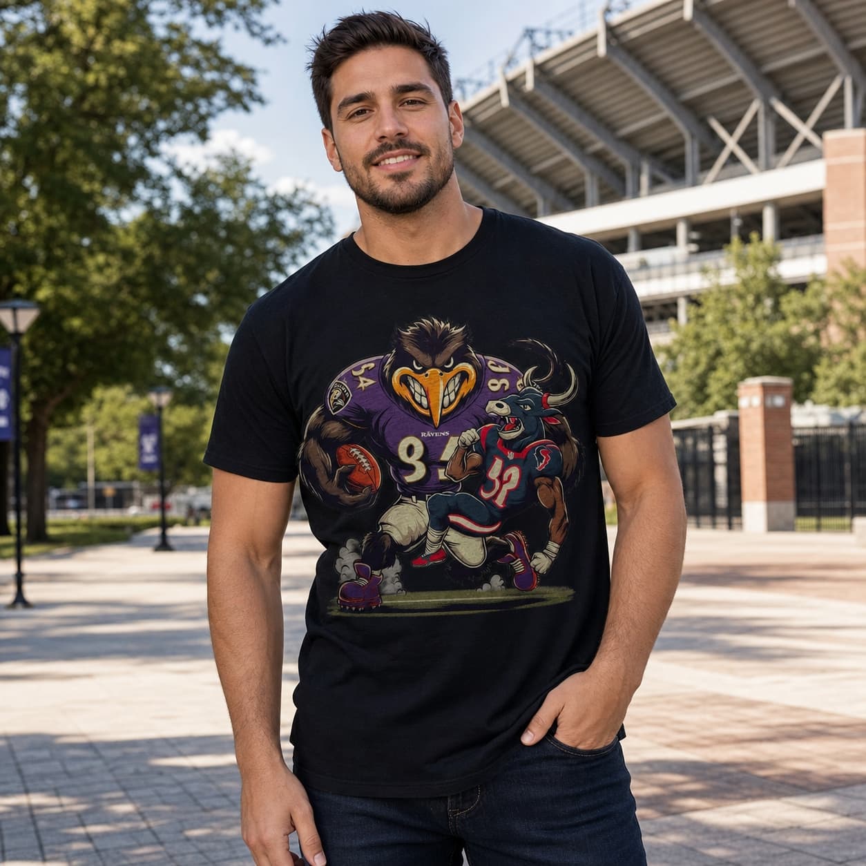 Baltimore Ravens vs. Houston Texans Retro Rivalry Football Mascot Artwork Shirt