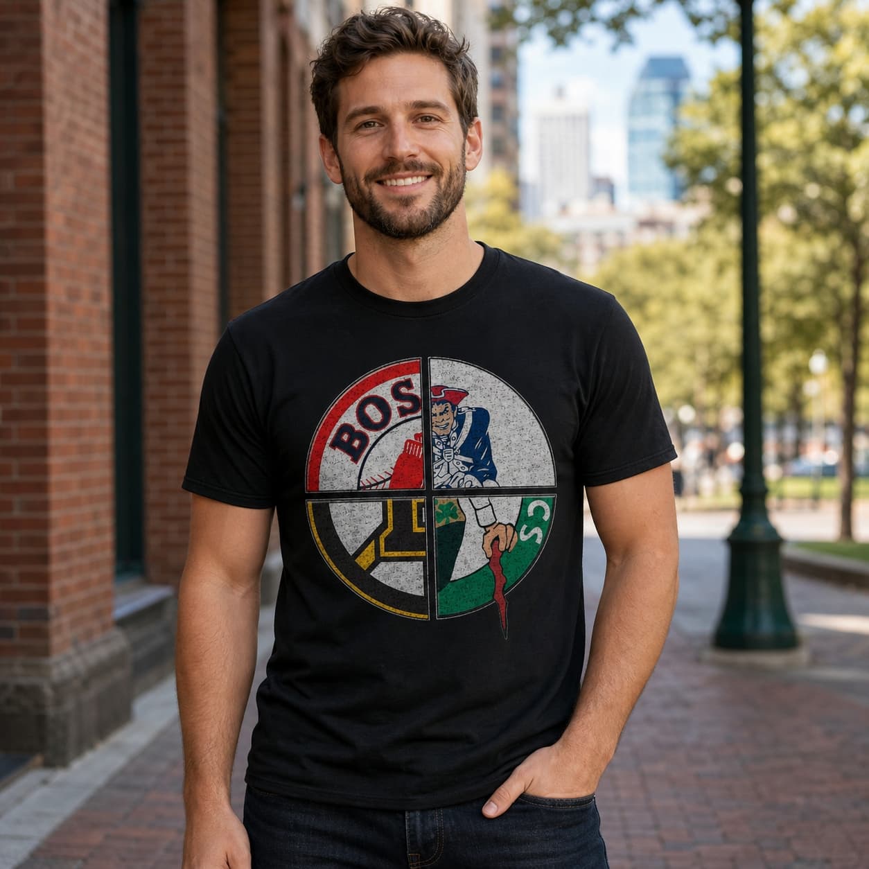 Boston Patriots Celtics Red Sox Bruins Vintage Football Baseball Basketball Hockey Artwork Shirt