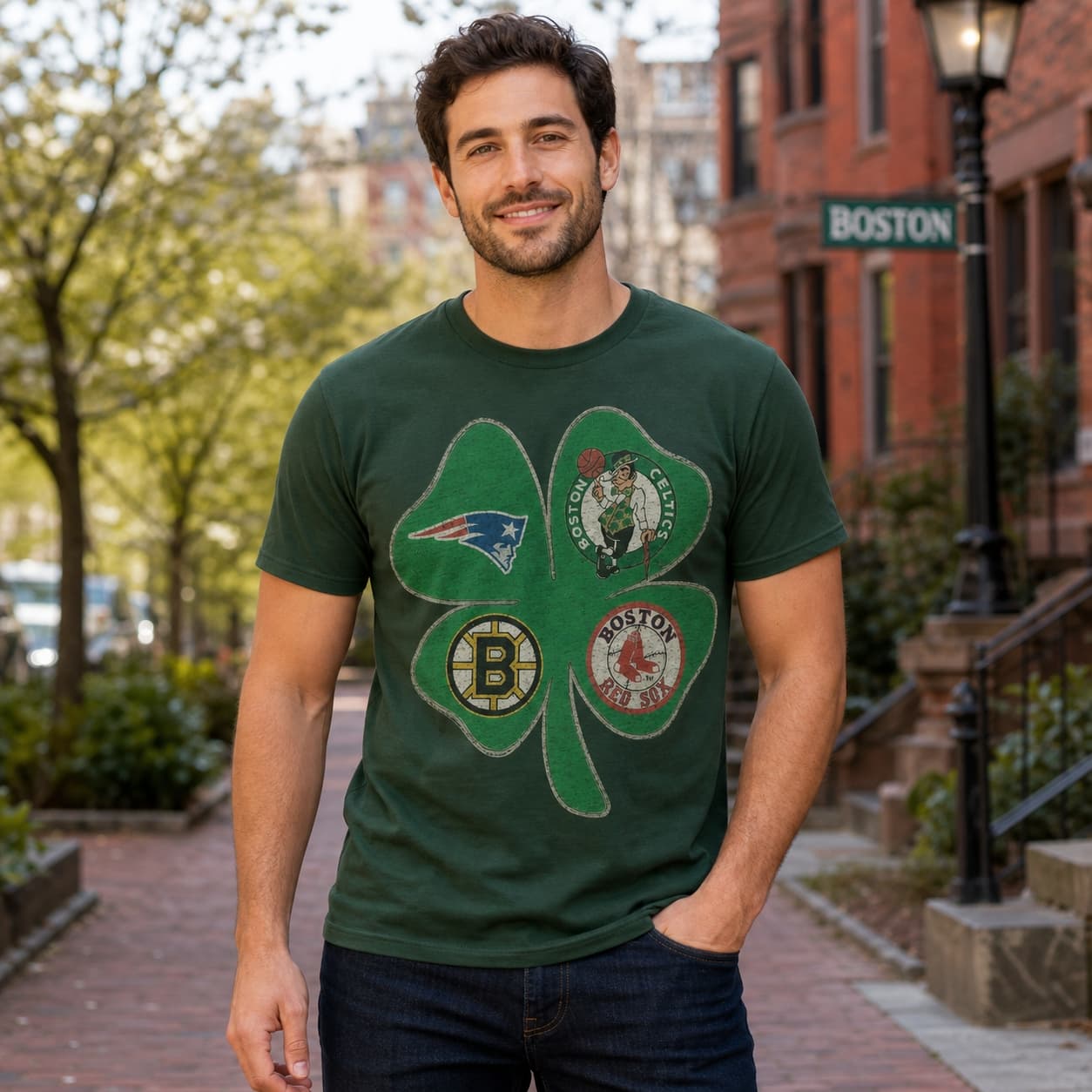 Boston Patriots Celtics Red Sox Bruins Vintage Football Baseball Basketball Hockey Clover Artwork Shirt