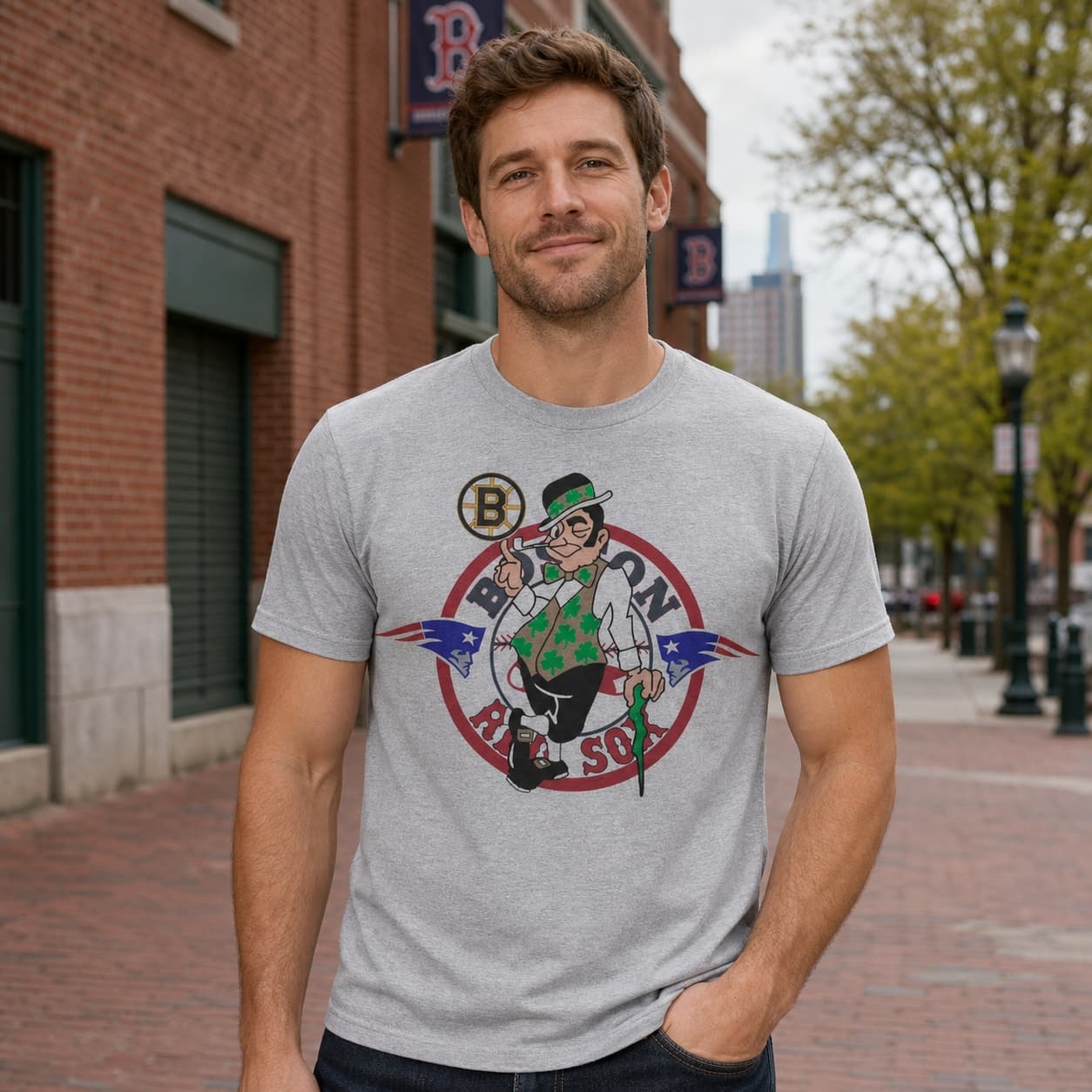 Boston Patriots Celtics Red Sox Bruins Vintage Football Baseball Basketball Hockey Mascot Artwork Shirt