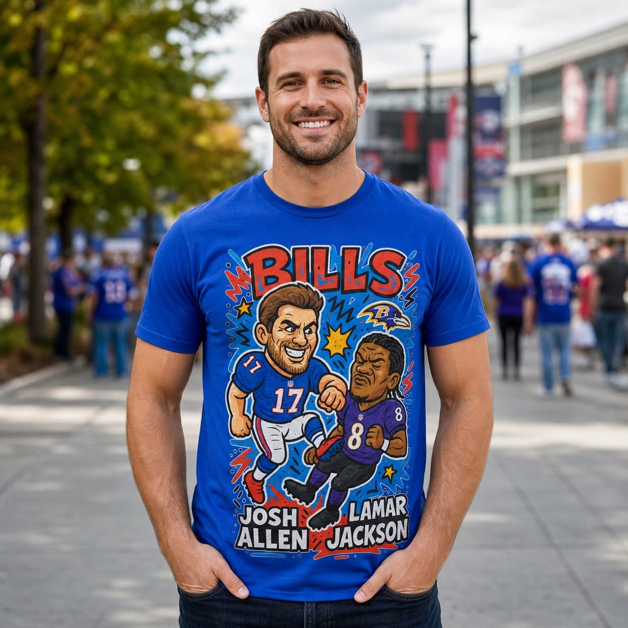 Buffalo Bills Josh Allen vs. Baltimore Ravens Lamar Jackson Exclusive Retro Rivals Football Artwork Shirt