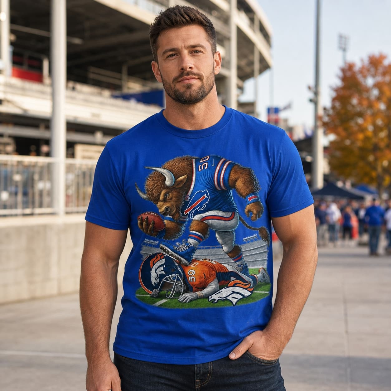 Buffalo Bills vs. Denver Broncos Exclusive Retro Rivalries Football Artwork Stomp Shirt