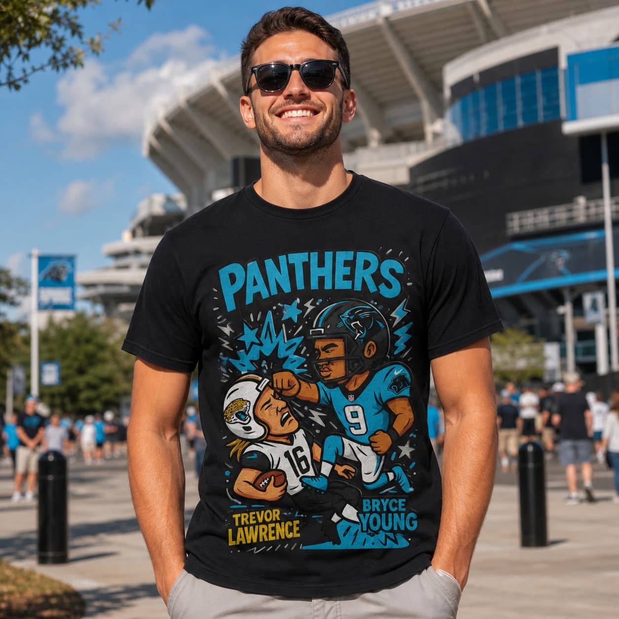 Carolina Panthers Bryce Young vs. Jacksonville Jaguars Trevor Lawrence Football Artwork Shirt