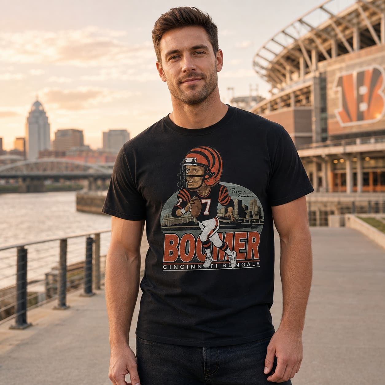 Cincinnati Bengals Boomer Esiason Exclusive Retro Football 1988 Artwork Heather T-Shirt
