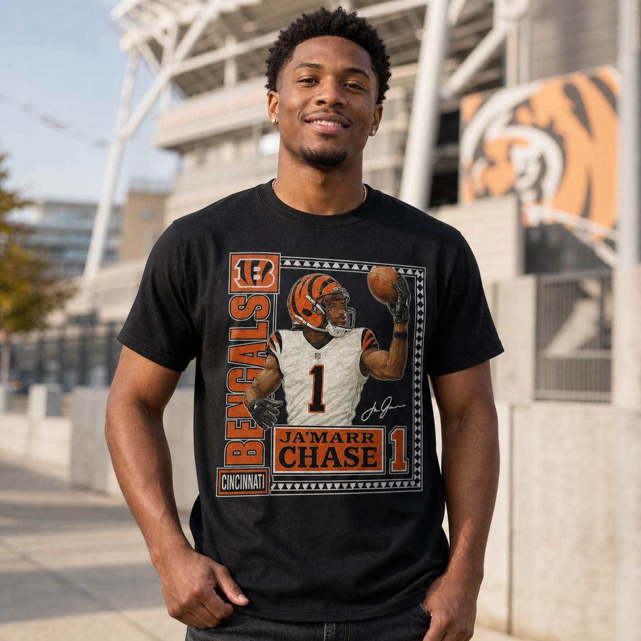 Cincinnati Bengals Ja’Marr Chase Exclusive Retro Football Artwork Heather T-Shirt