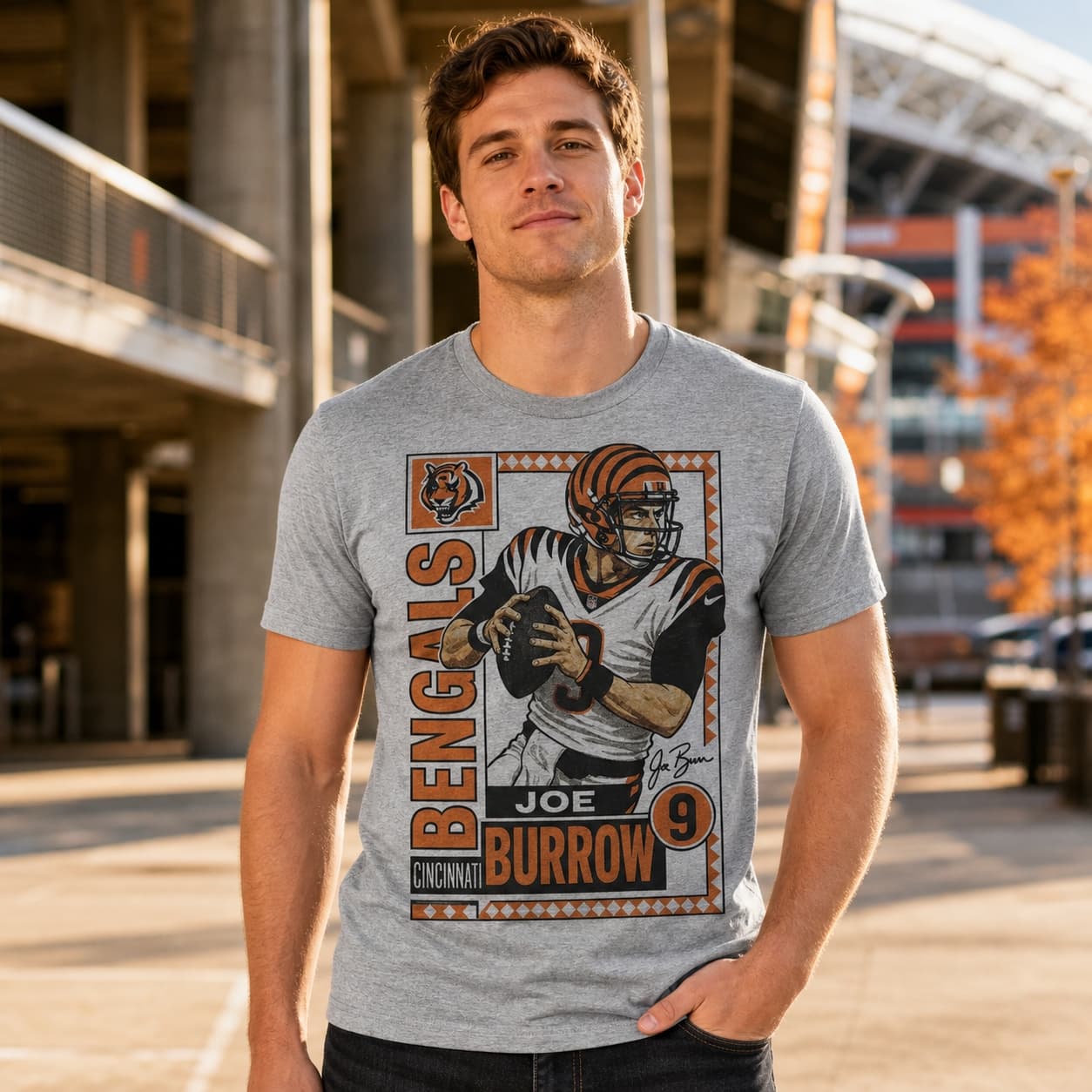 Cincinnati Bengals Joe Burrow Exclusive Retro Football Artwork Heather T-Shirt