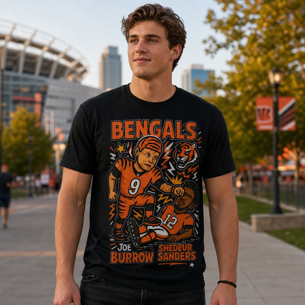 Cincinnati Bengals Joe Burrow vs. Cleveland Browns Shedeur Sanders Exclusive Retro Rivalries Football Artwork Shirt