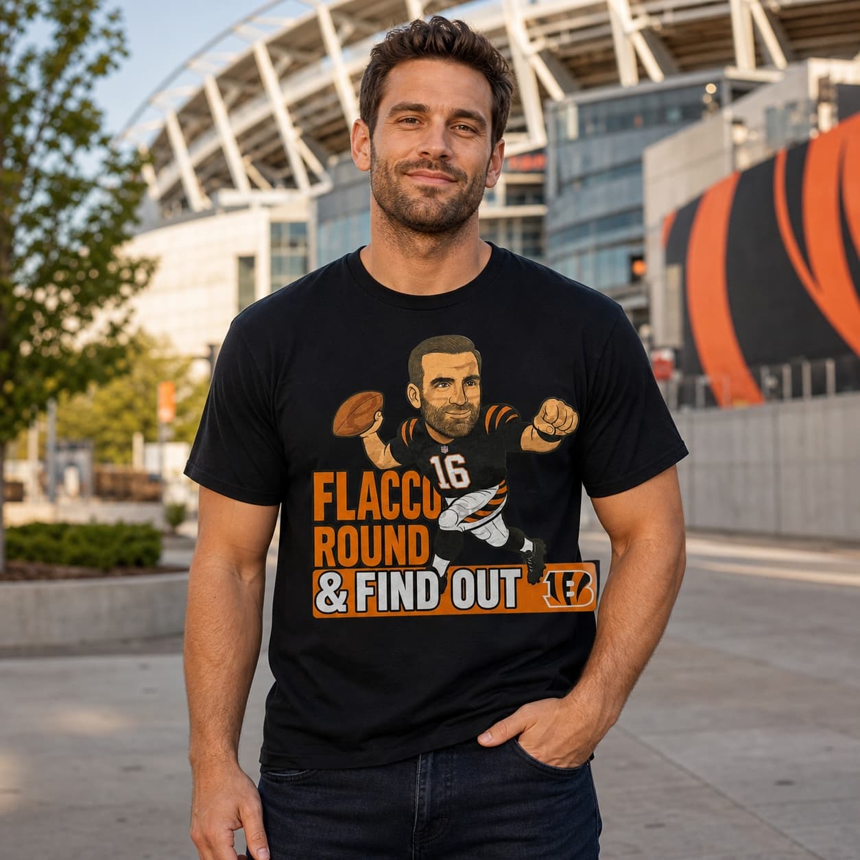Cincinnati Bengals Joe Flacco Round Find Out Retro Football T-shirt Heather Gray Sublimated