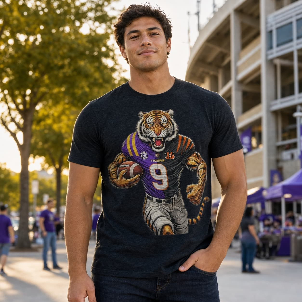 Cincinnati Bengals LSU Tigers Split Exclusive Retro Joe Burrow #9 Football Mascot Artwork Shirt
