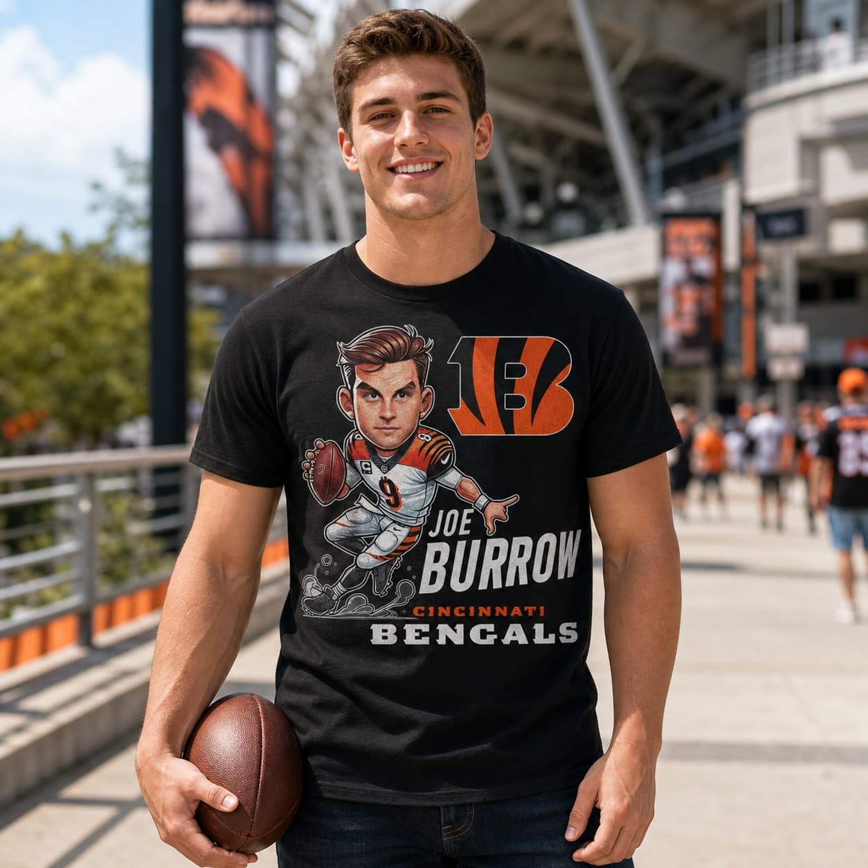 Cincinnati Bengals QB Joe Burrow Exclusive Retro Football Artwork Heather T-Shirt