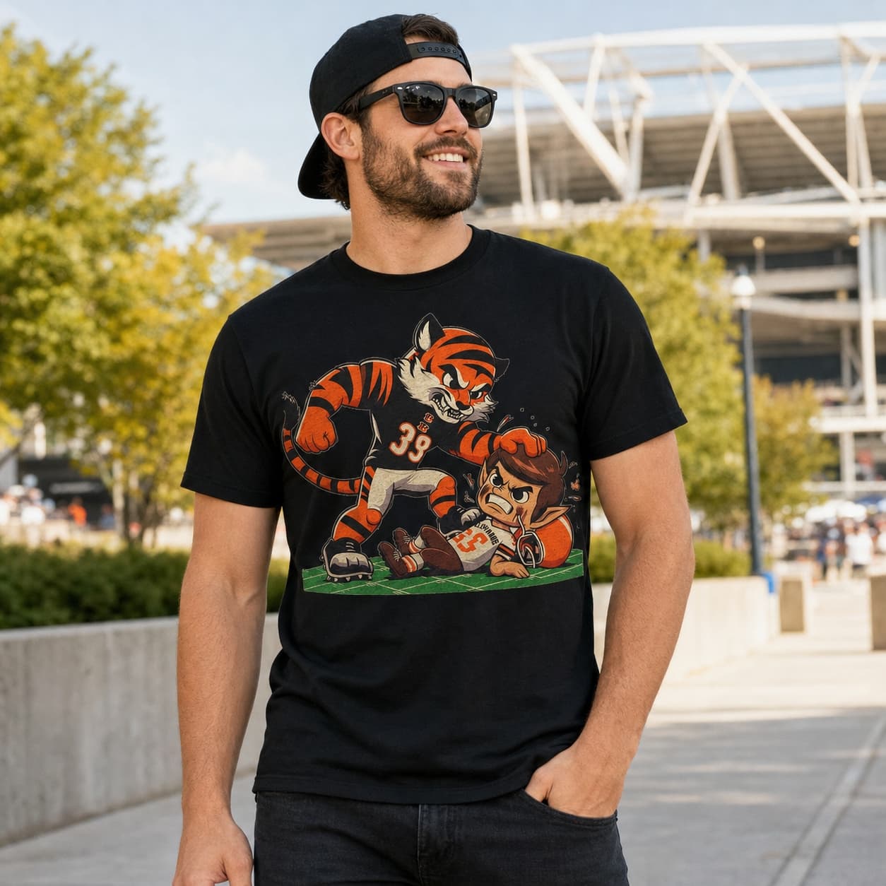 Cincinnati Bengals vs. Cleveland Browns Retro Rivalry Football Mascot Artwork Heather T-Shirt