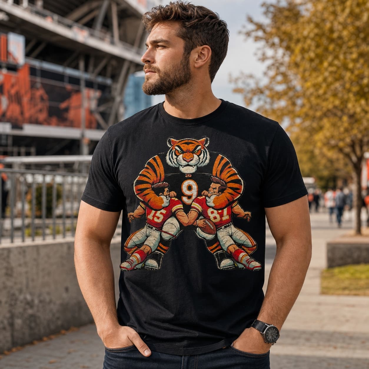 Cincinnati Bengals vs. Kansas City Chiefs Retro Rivalry Football Mascot Artwork Shirt