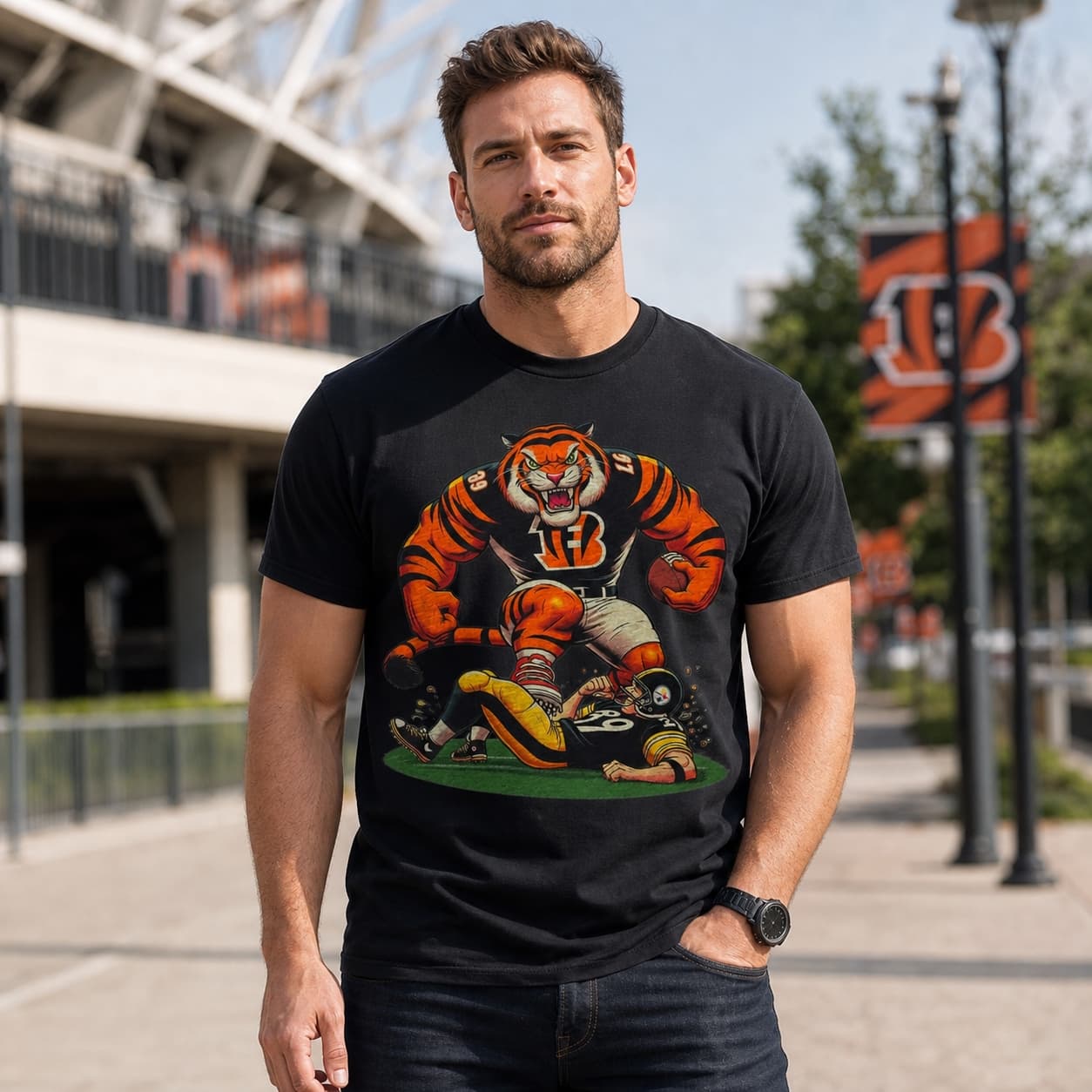 Cincinnati Bengals vs. Pittsburgh Steelers Retro Rivalry Football Mascot Artwork Heather T-Shirt
