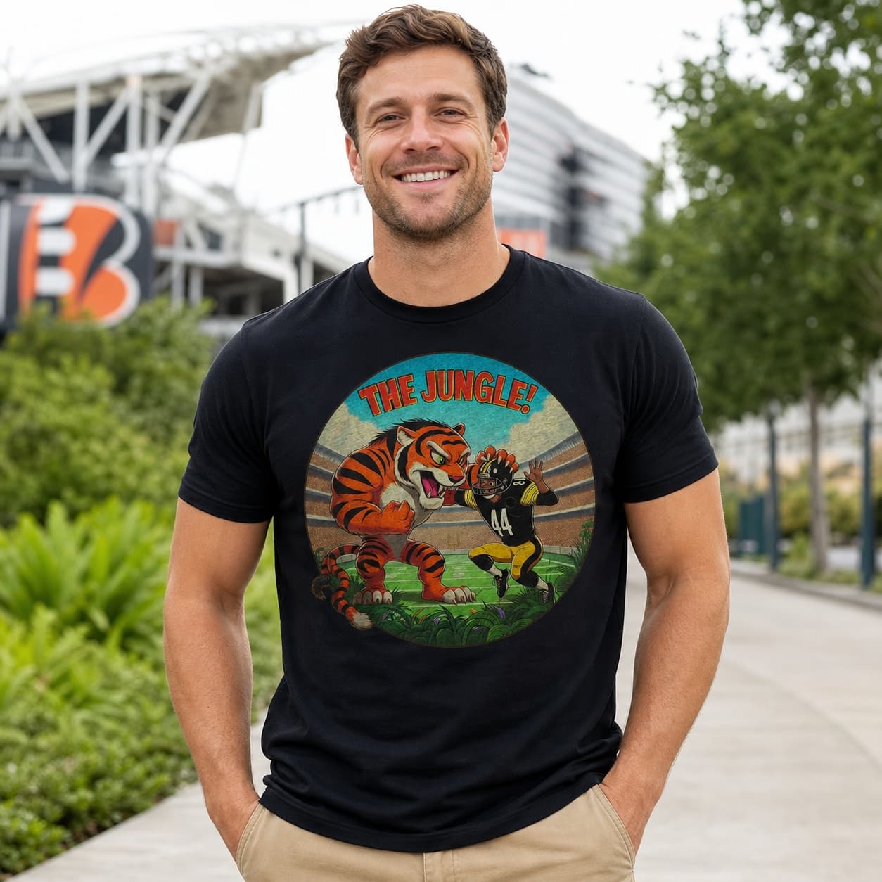 Cincinnati Bengals vs. Pittsburgh Steelers Retro Rivalry The Jungle Football Mascot Artwork Shirt