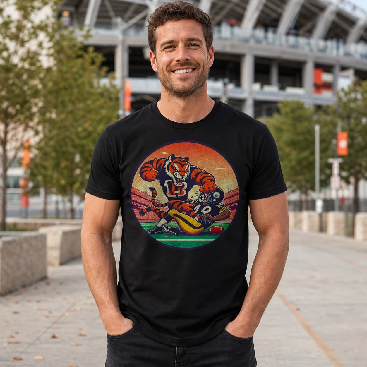 Cincinnati Bengals vs. Pittsburgh Steelers Vintage Retro Rivalry Football Mascot Artwork Shirt